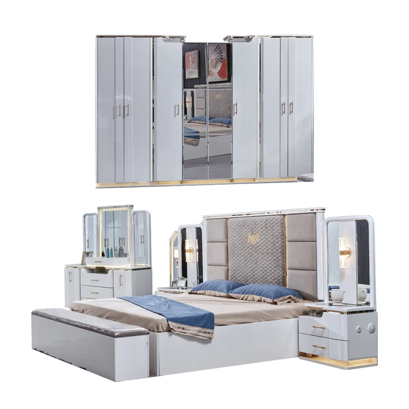 

&Foshan Wholesale OEM ODM Wood king Size Bed Set Double Wooden Frame Modern Luxury Complete Home Furniture Bedroom Sets