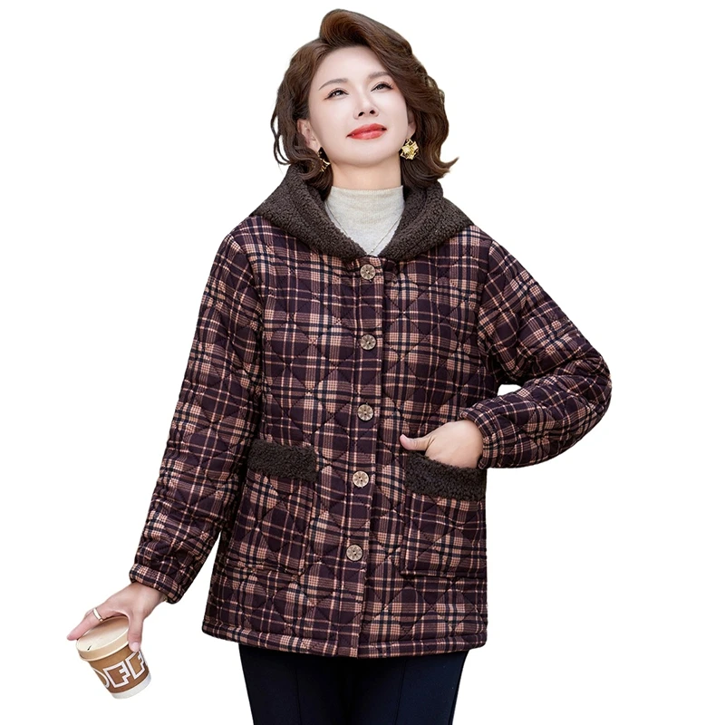 Thickened Fleece Lined Hooded Cotton Jacket for Mom Middle Aged And Elderly Women Winter Warm Casual Outerwear