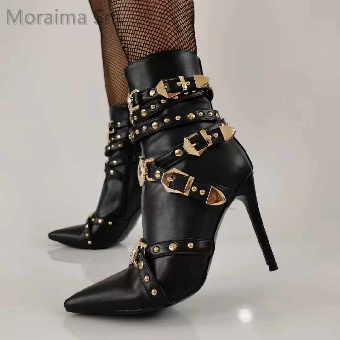 Belt Buckle Button Thin High Heels Ankle Boots for Women Metal Decor Pointed Toe Women's Summer Shoes Punk Stiletto Party Shoes