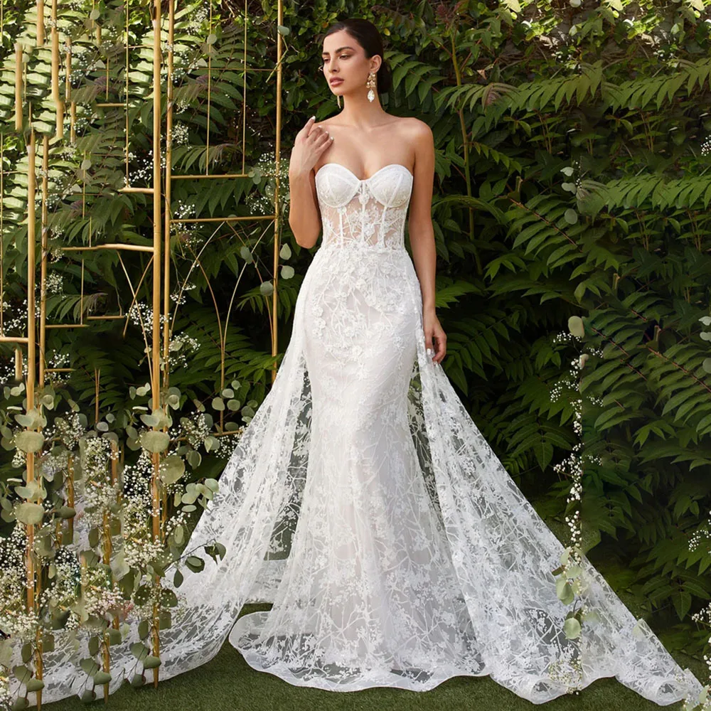 Sexy Strapless Wedding Dress for Bride Transparent Tulle with Fashion Floral Print Straight Court Train Marry Dress Customized