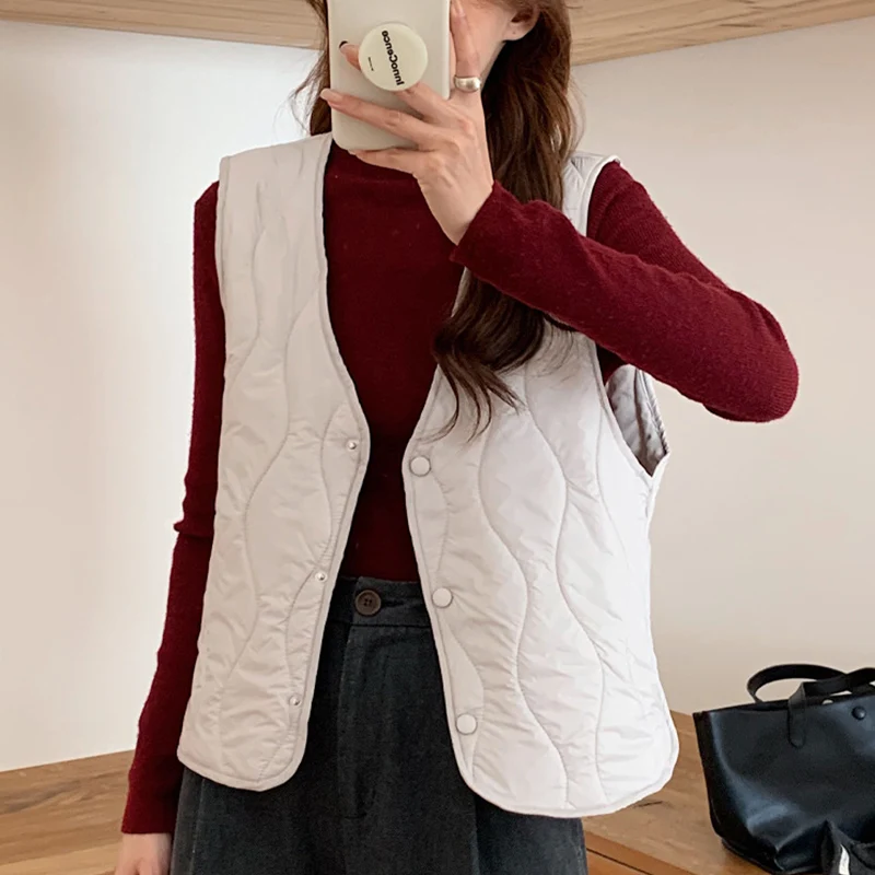 2025 가을 겨울 솔리드 컬러 V넥 파카 베스트 패션 싱글 브레스티드 슬리브리스 웨이스트코트 심플 따뜻한 출퇴근 재킷 여성