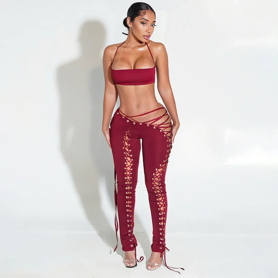 Leosoxs – ensemble 2 pièces Sexy pour femmes, Hipster, col licou, Camisole + jupe, pantalon creux, mi-nuit, extensible, Clubwear, tenues slim