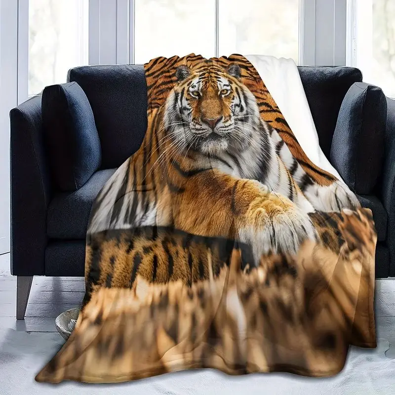 VIKAMA Jungle Animal Tiger Flannel Blanket Realistic Tiger Face Striped Texture Warm Throw Bohemian Sofa Bed Cover