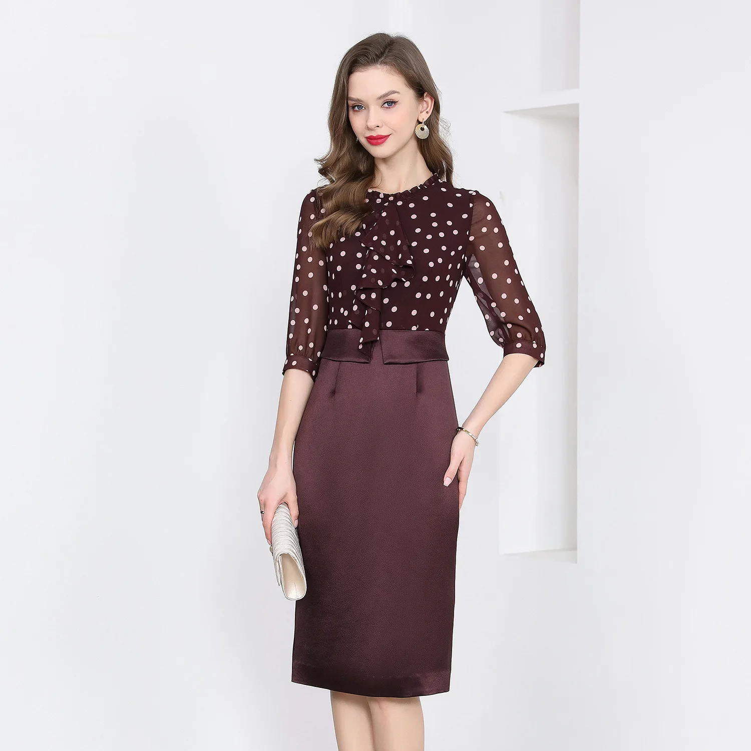 

3XL 2XL Bodycon Dress 2025 Summer Elegant Party Women Polka Dot Prints Patchwork 3/4 Sleeve Midi Pencil Dress Vestidos De Festa