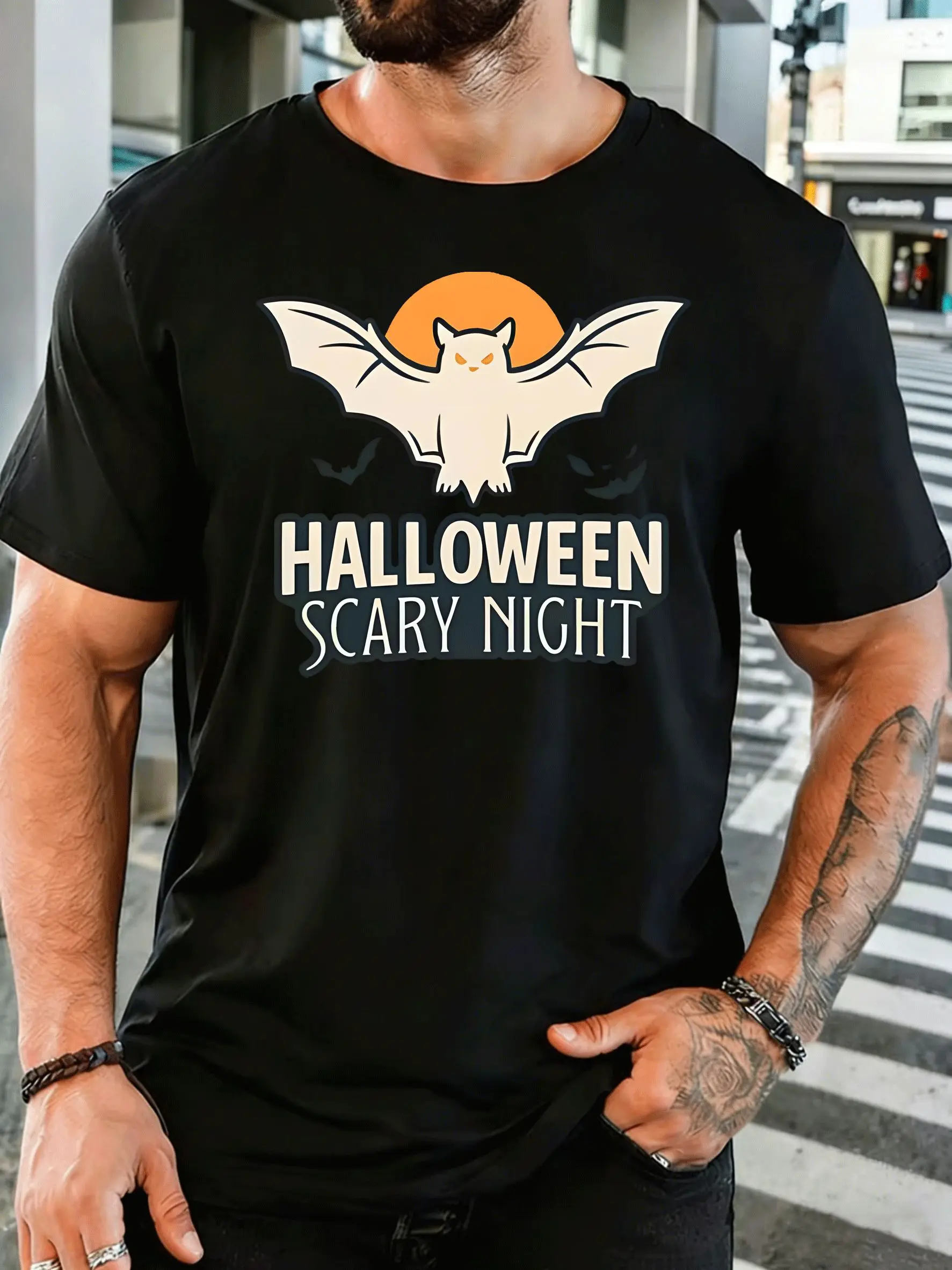 Halloween Scary Night Bat And Sunset Mens Front Print T Shirt Spooky Graphic Tee Casual Short Sleeve Top Halloween Party Gift