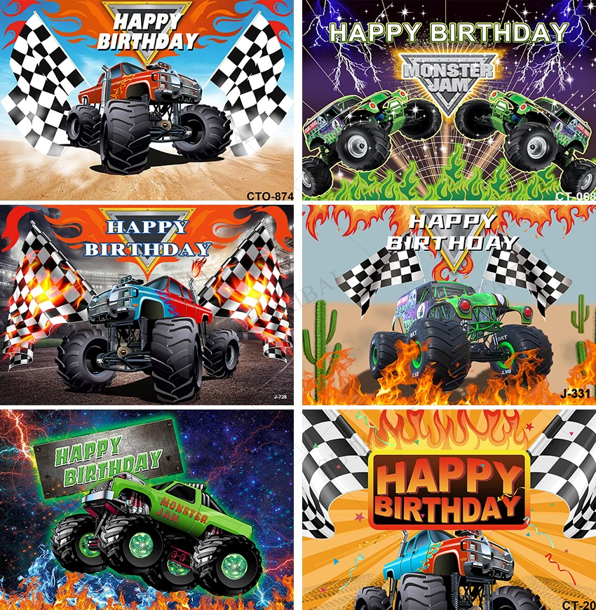 Monster Truck Backdrop Birthday Party Backdrop Racing Cars Grave Digger Checkered Flag Photography Background for Baby Decor