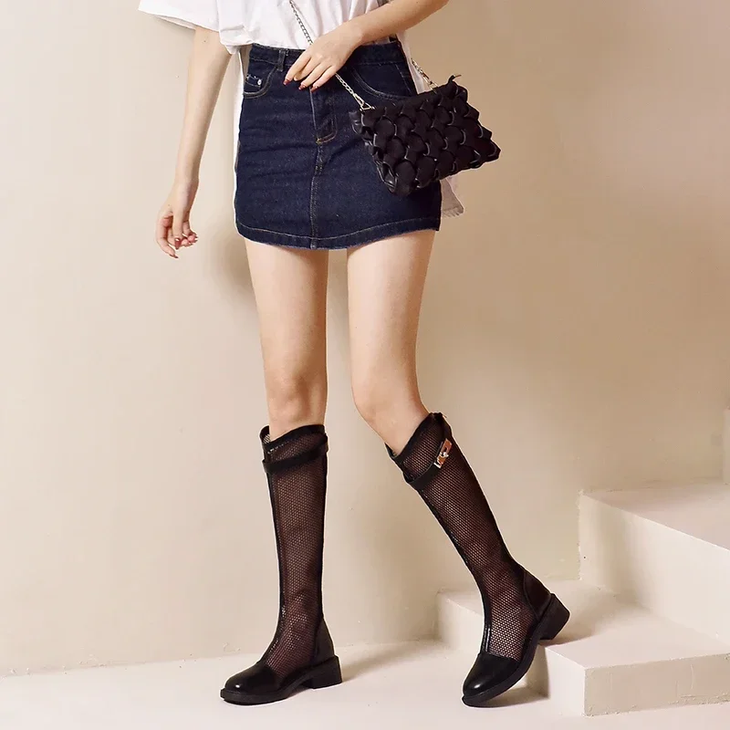Long Cold Boots for Women 2024 Summer New Fashion All Wear Mesh Surface Thick Heel Boots But Knee Mesh Boots