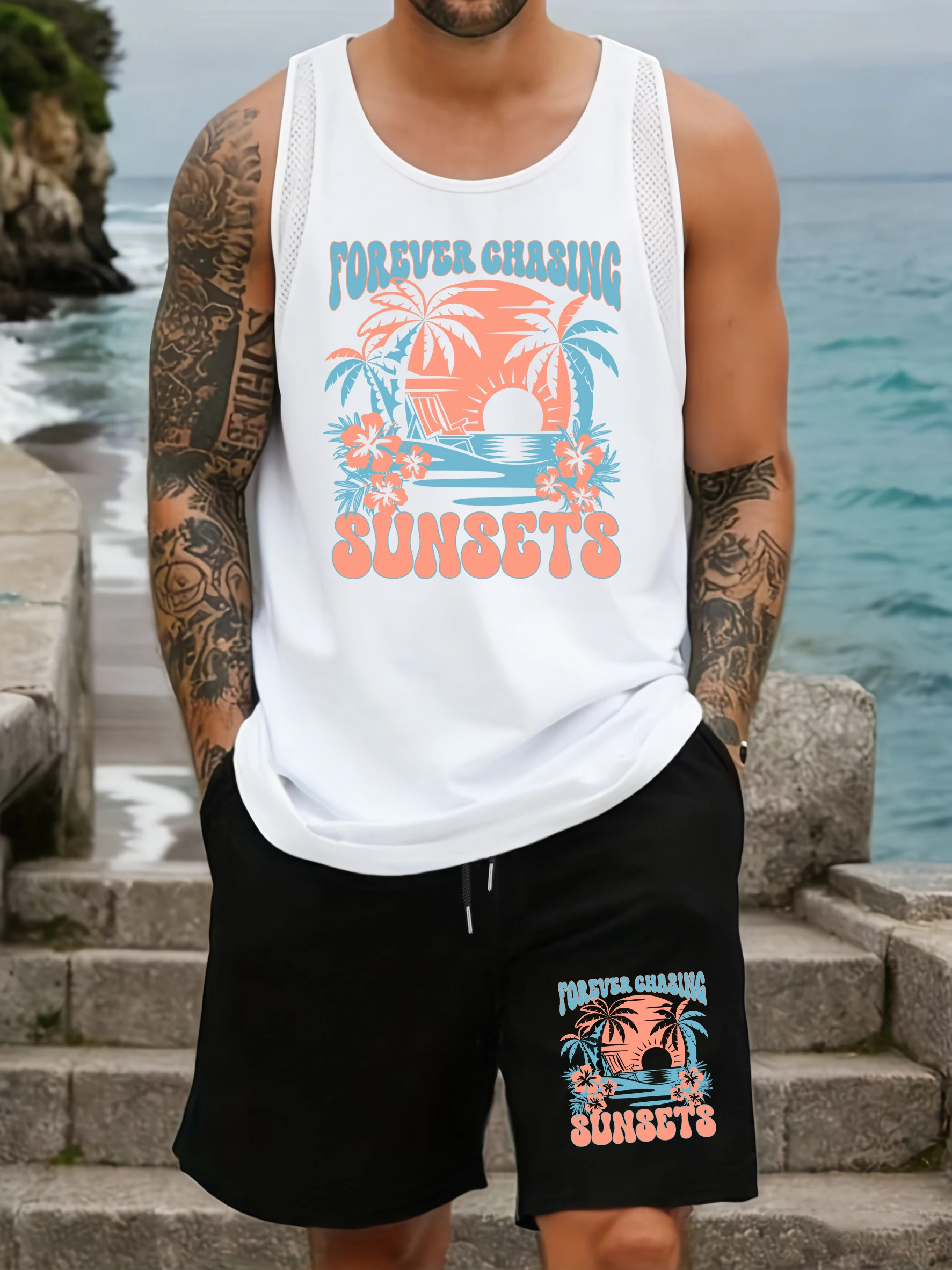 

Forever Chasing Sunsets Beach Coconut Tree Print Men Vests Set Summer Pocket Shorts Wide-Leg Drawstring Pant Sleeveless Gym Tops