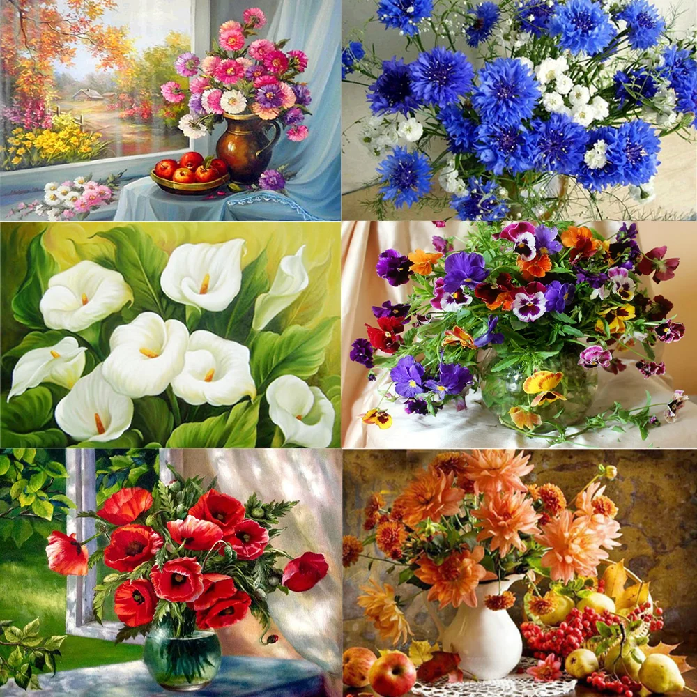 5D DIY Diamond Painting Needlework Flowers Vase Roses Peony Cross Stitch Full Diamond Embroidery Mosaic Rhinestone Home Decor