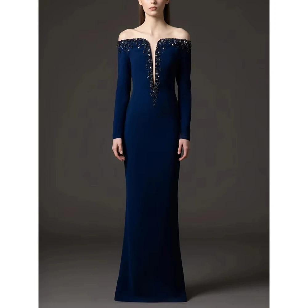 

Elegant Off-shoulder Long Sleeves Evening Dresses Sexy Celebrity Long Dress Exquisite High Quality Prom Party Gowns Customized