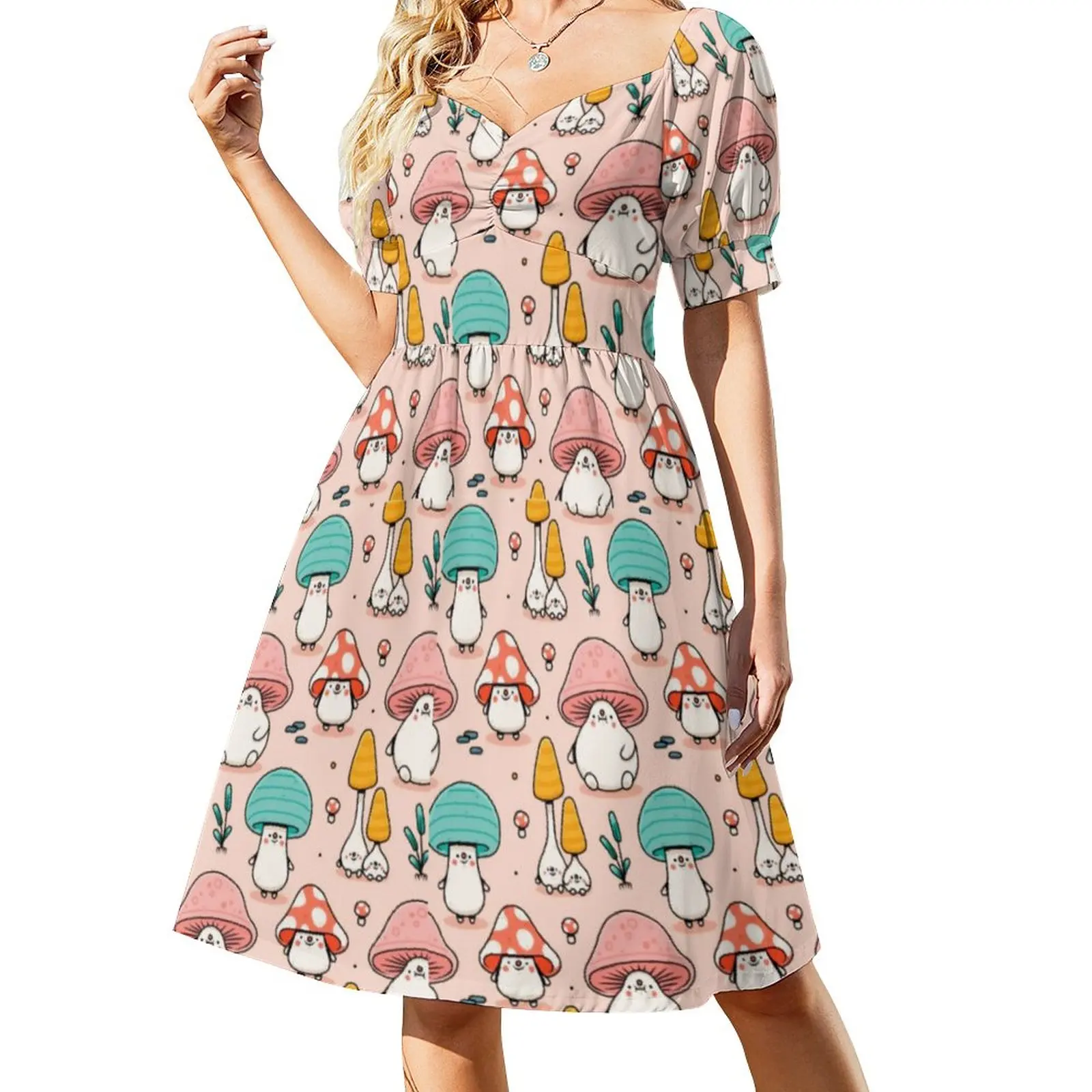 Cute Fantasy Mushroom Dress Cartoon Pink Blue Art Elegant Dresses Womens Street Wear Casual Dress V Neck Oversized Vestidos