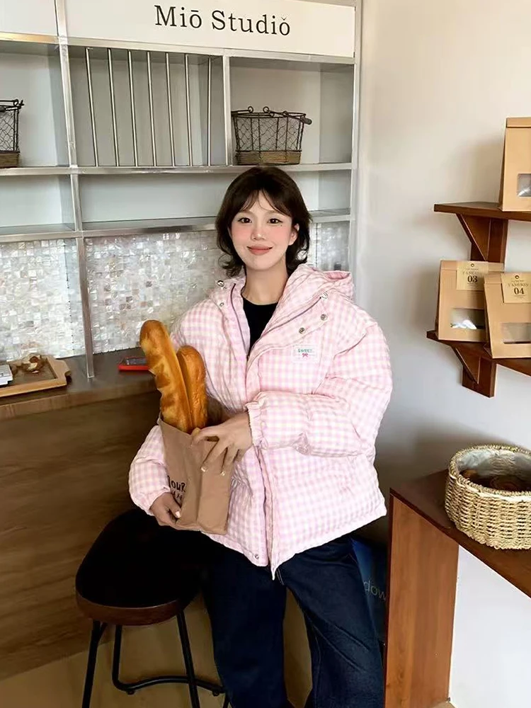여성을위한 한국어 세련된 격자 무늬 후드 코트 겨울 두꺼운 따뜻한 느슨한 캐주얼 패딩 다운 재킷 Y2K 여성 올 매치 지퍼 겉옷
