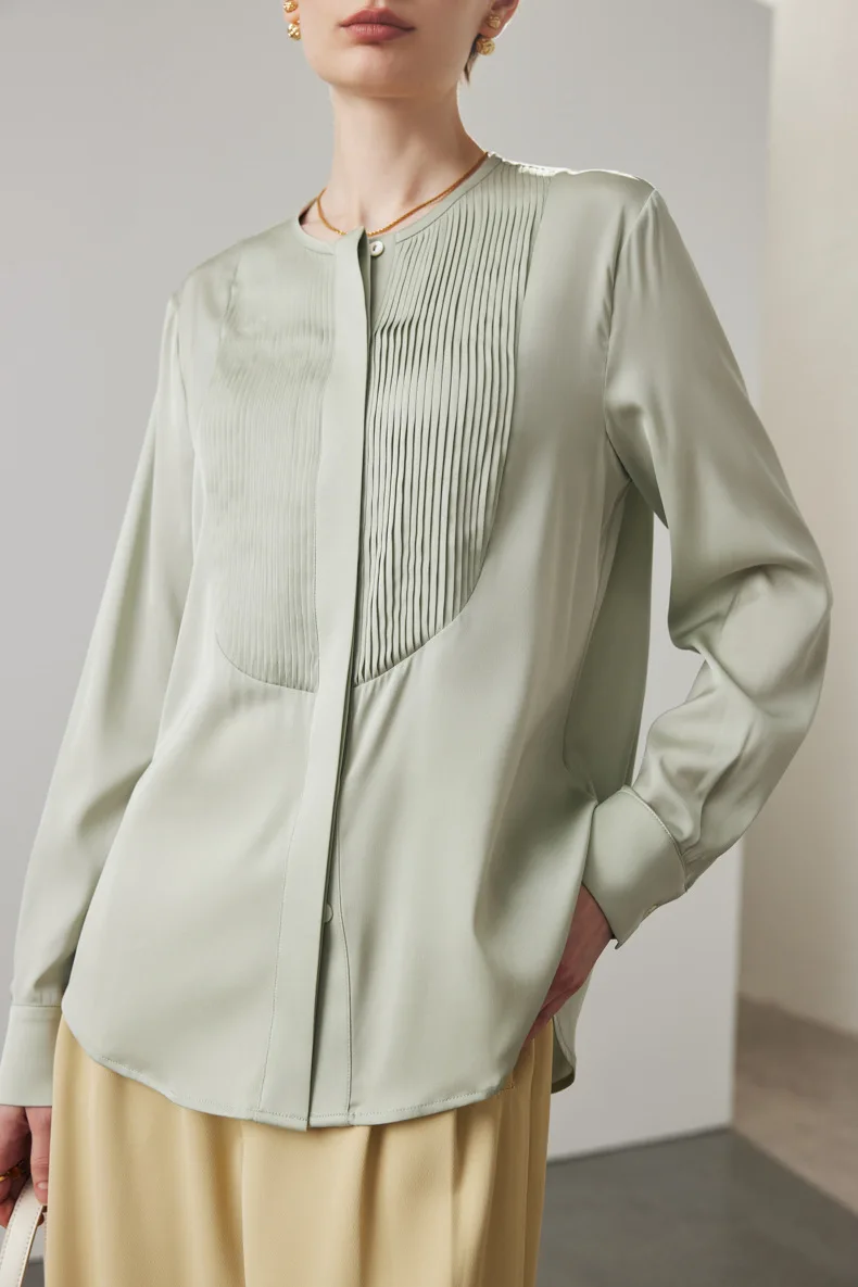 90% Natural Silk 10% Spandex Women's Shirt O Neck Long Sleeves Pleated Elegant Fashion Blouse