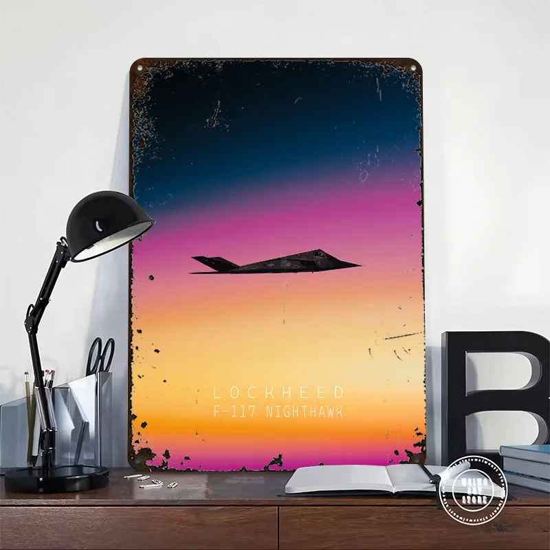 Lockheed F-117 Nighthawk Sunset Tinplate Poster Custom Wall Art Vintage Metal Signs Retro Tin Plaque for Desk Decor Room Home