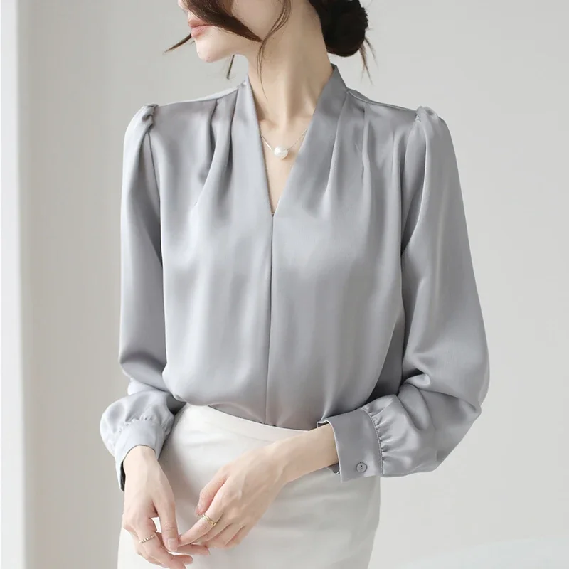 Fashion V-neck Women Blouses 2024 Spring Satin Solid Color Casual Tops Elegant Office Lady Long Sleeve Oversize Pullover Blouses