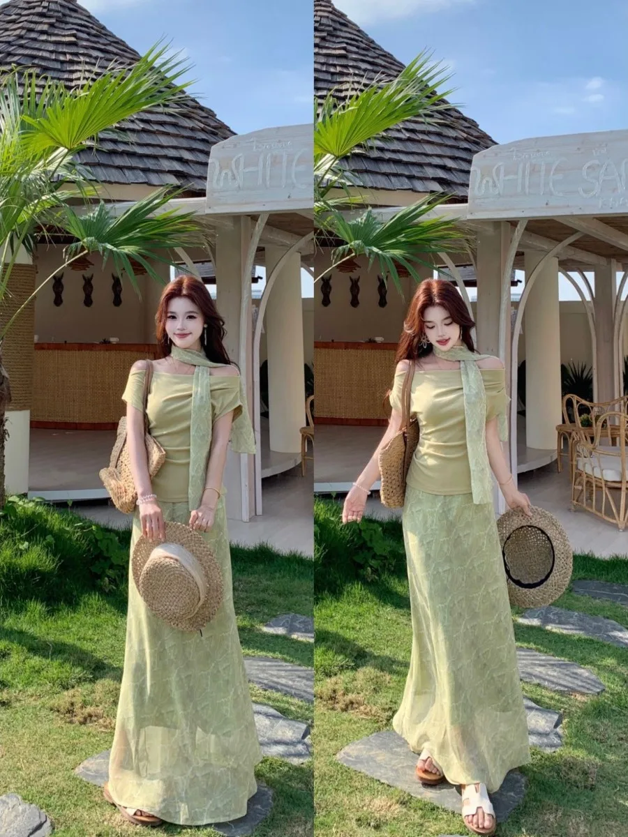 

plus Size Summer Slimming Two-Piece Set with Draped Shoulder Top And Half Skirt Korean Style Commute High Waist Long Skirt