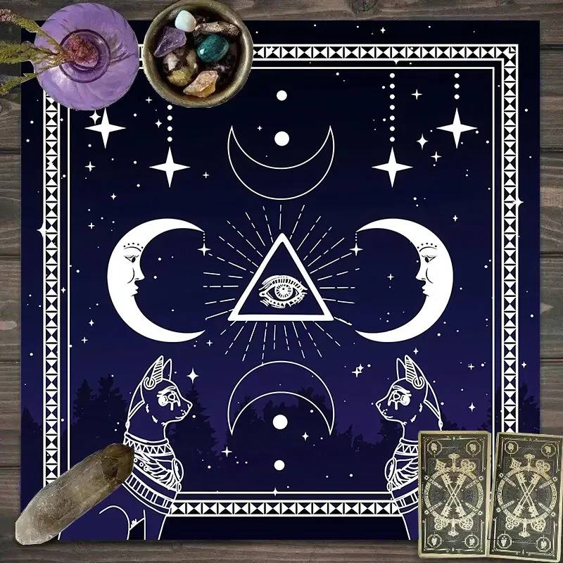 VIKAMA Egyptian Cat All Seeing Eye Moon Tarot Tablecloth Mystical Occult Altar Cloth Divination Mat Washable Mystic Gift