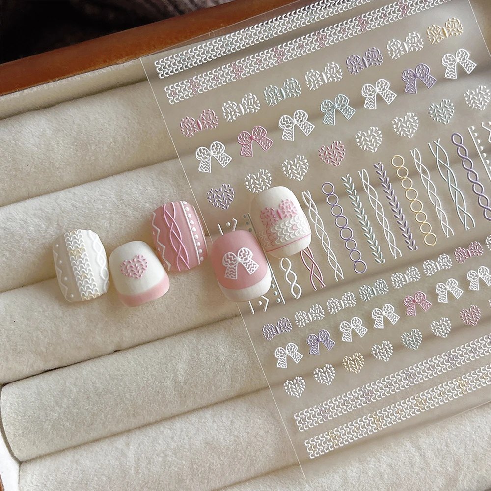 1 シートスイートボウネイルアートステッカー 5D エンボスハートちょう結びマニキュアスライダーかわいいニットパターンネイルデコレーションデカールガール