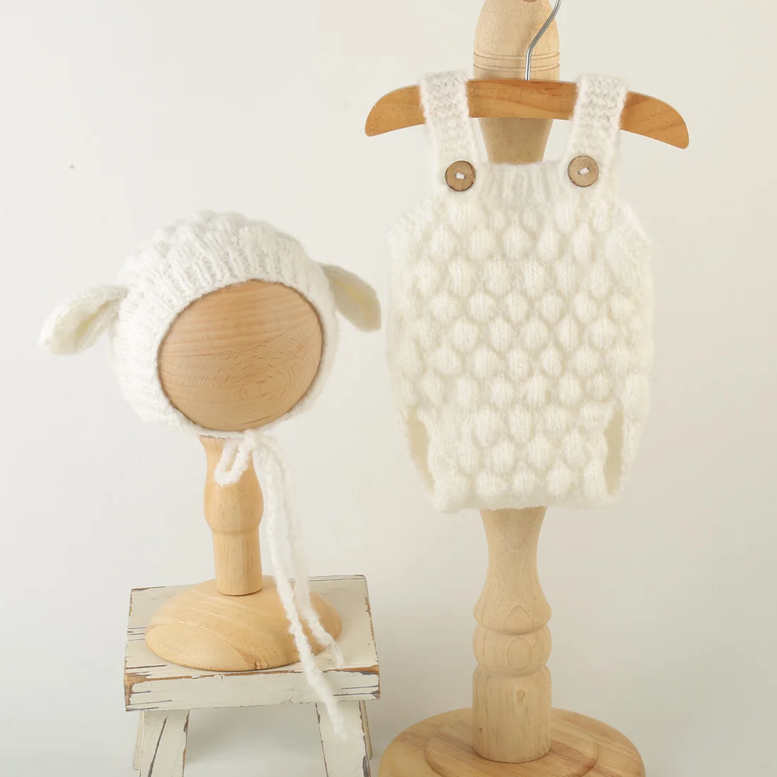 Hand Knit Lamb Hat And Overalls Set Infant Studio Shooting Prop  Baby Sewn Sheep Themed Clothing Newborn Photo Outfit