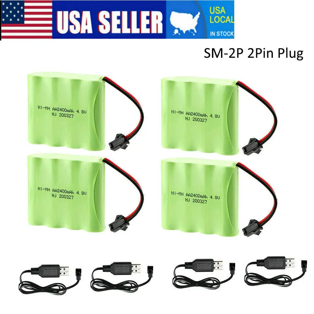 

4 шт., 4,8 В, 2400 мАч, Ni-MH аккумулятор AA SM-2P, 2-контактный разъем с USB-кабелем для радиоуправляемого грузовика, автомобиля