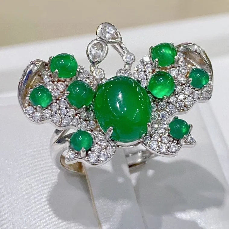 

Luxury Sparkling 925 Silver Natural Chalcedony Butterfly Ring Full Diamonds Finger Band For Dinner Party High Art Gala Jewelry