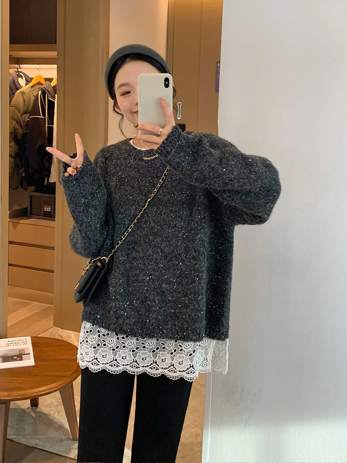 

iny Fla Knitted Loose Long Sve round Ne Winter Faion Women's Top Deep ey Devil Fi Love Brand Polyester Blend