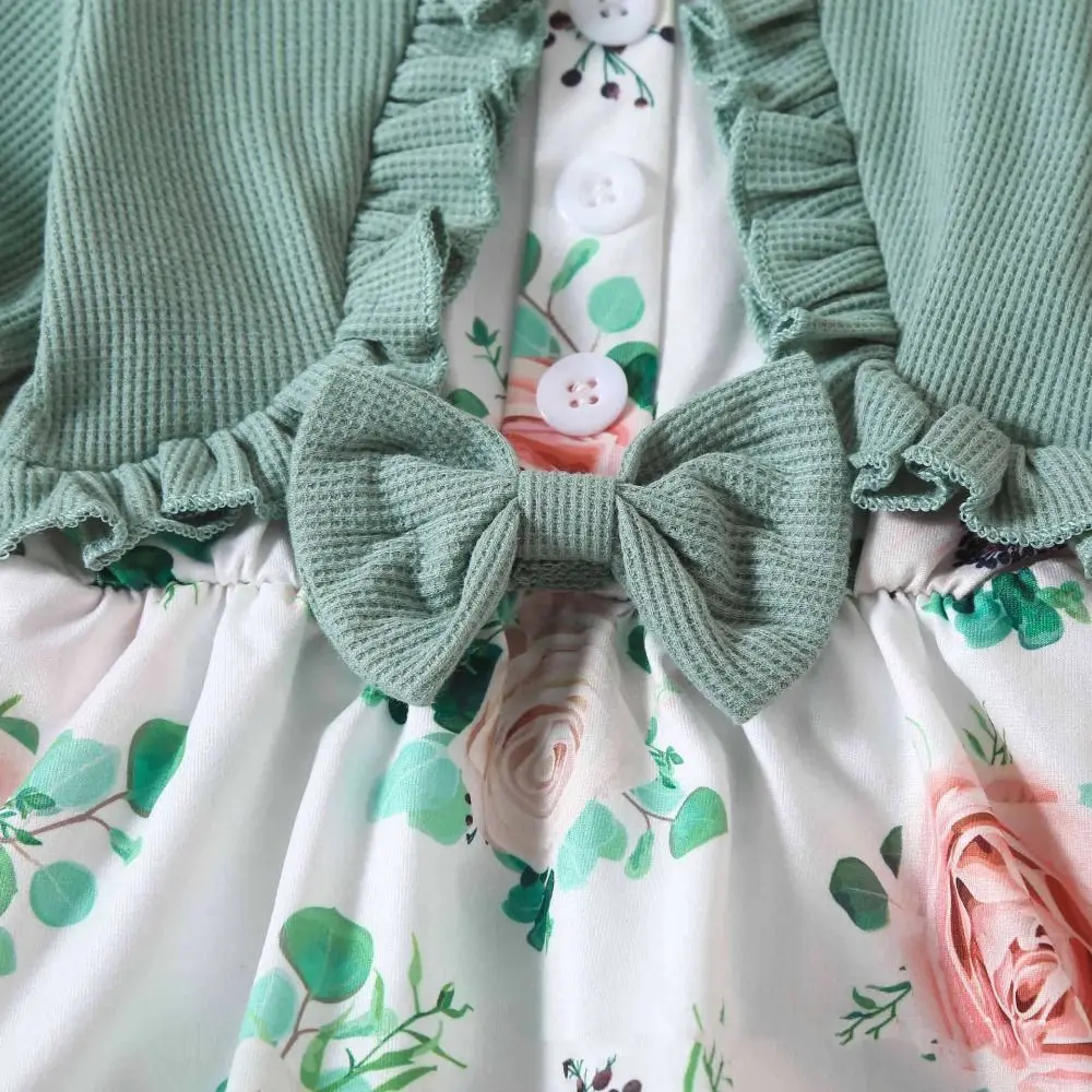 Fashion Bowknot Toddle Princess Dress Cotton Sweet Summer Baby Bodysuit Flower Infant False 2Piece Jumpsuit Dress Birthday Gift