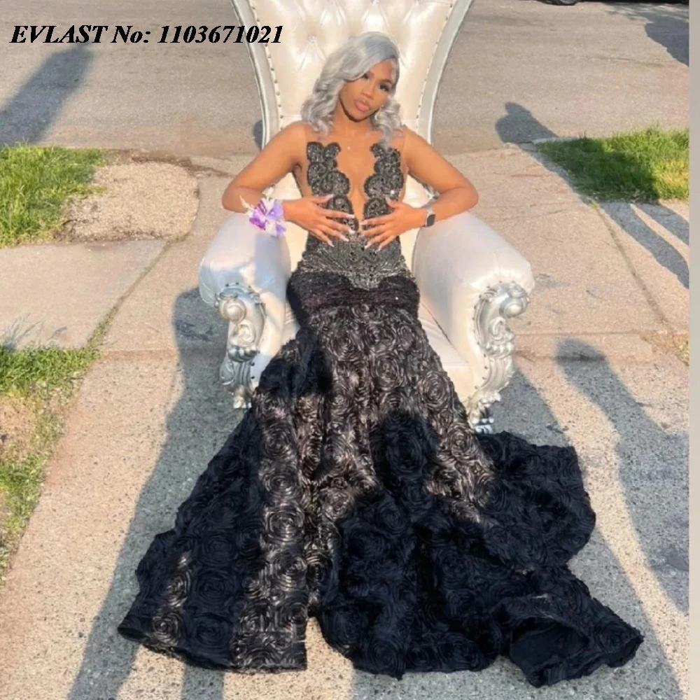 

EVLAST Glitter Black Floral Mermaid Prom Dress Silver Diamond Sequins Beaded for Black Girls Party Gowns Vestidos De Fiesta P55