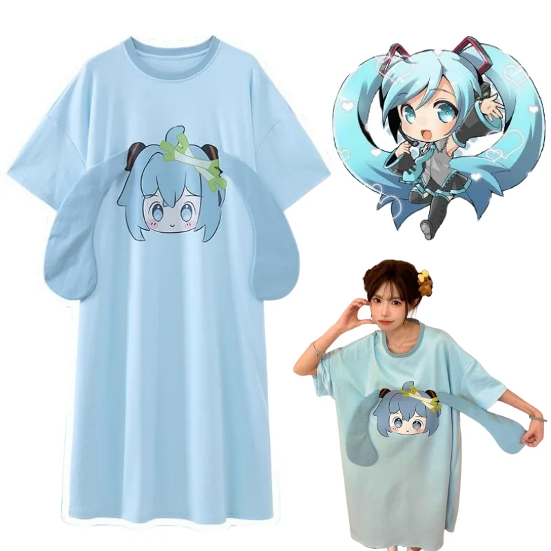 

Hatsune Miku anime cartoon girl over-the-knee skirt kawaii girly heart short-sleeved nightdress cotton breathable loungewear