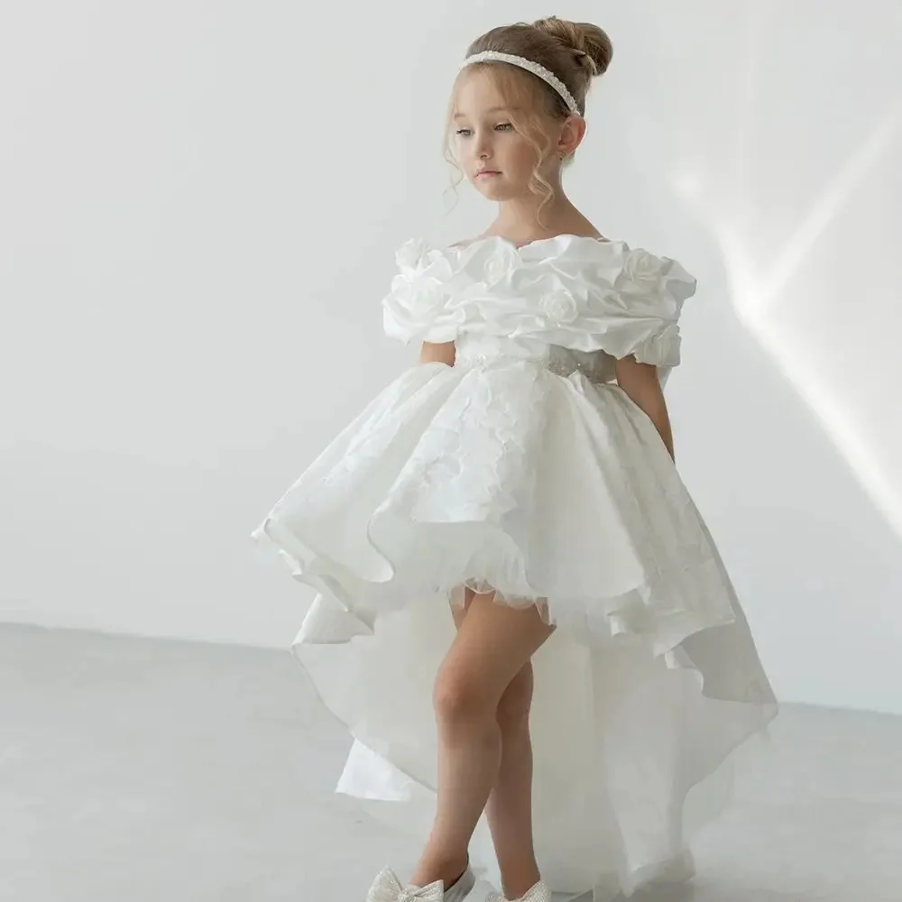 White Flower Girl Dress for Wedding Off Shoulder Asymmetry Length Lace Puffy Birthday First Communion Ball Gown Custom