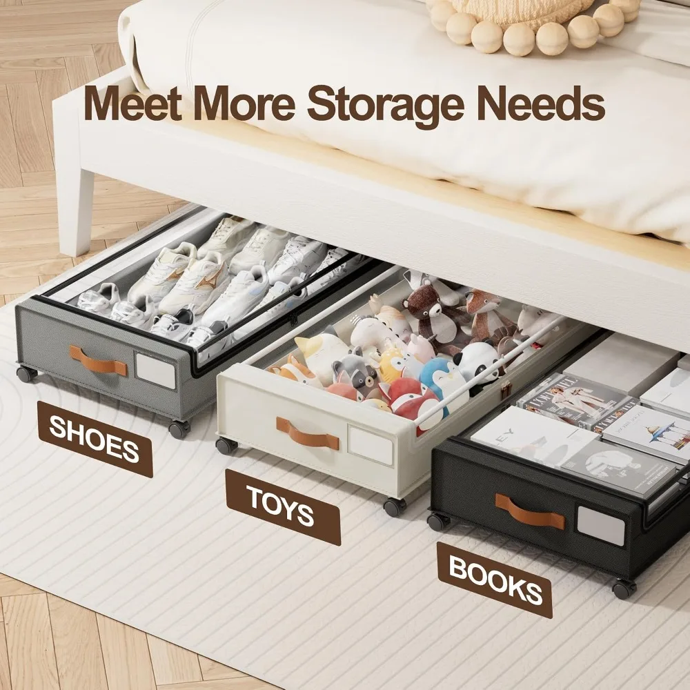 2 Pack Under Bed Storage with Wheels, 60L Clear Lid Bins, Rolling Metal Drawers for Clothes, Blankets, Shoes, Beige view 6
