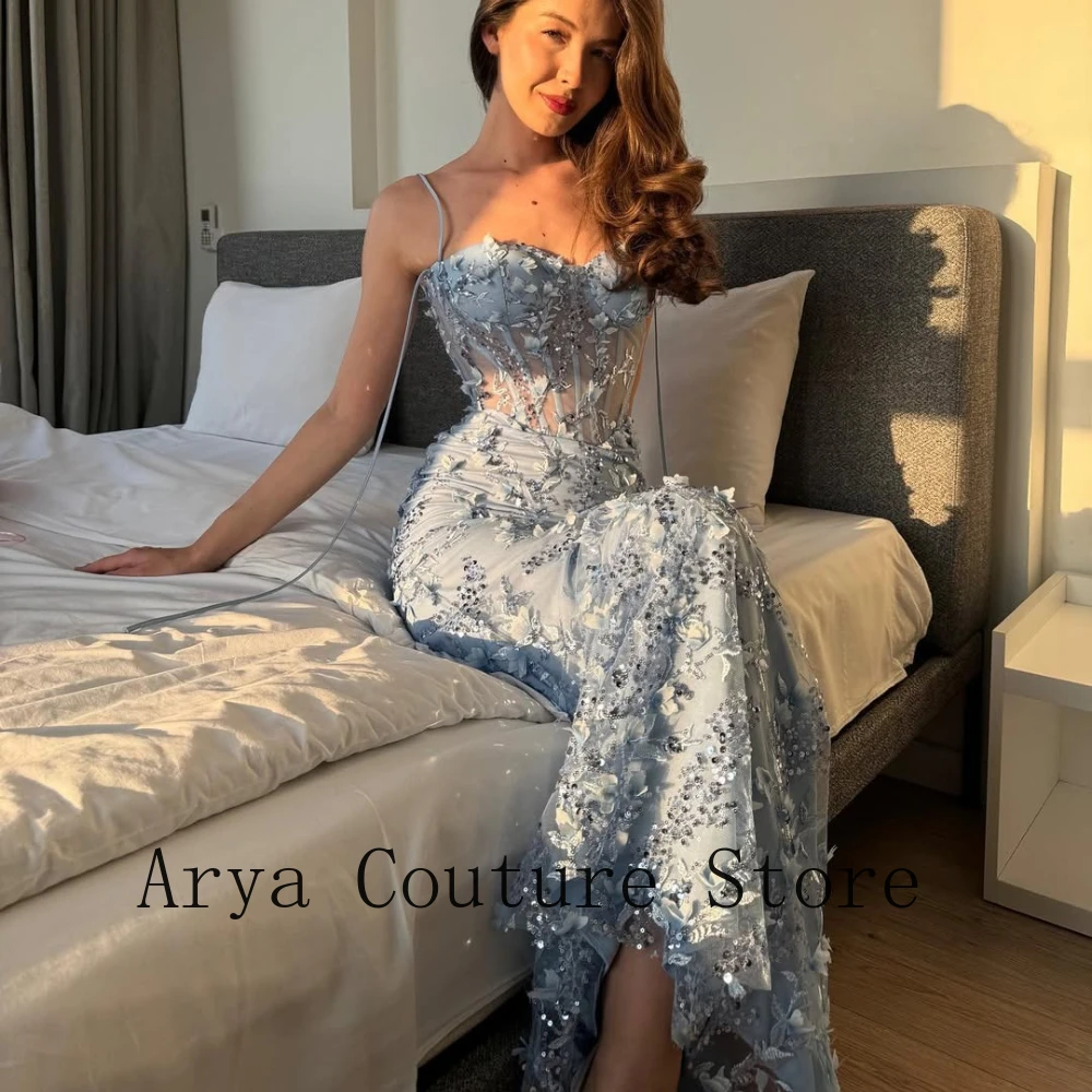 Ice Blue Gradient Spaghetti Strap Sweetheart Sheer Mesh Boned Corset Floral Beaded Embroidery Slim Mermaid Floor Length Formal