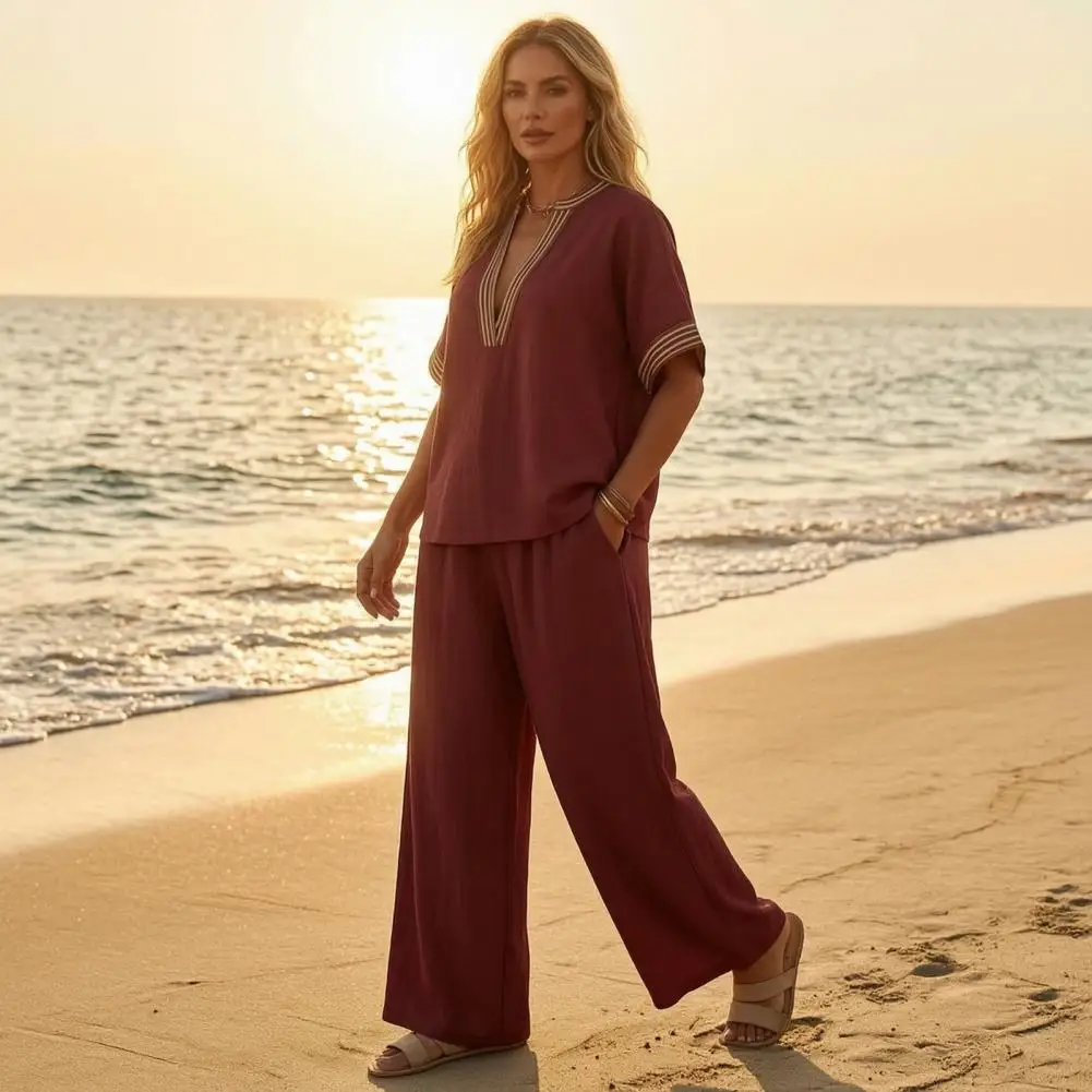Muscle Hiding Trousers Color Block Two-piece Set for Women V Neck Short Sleeve Top Wide Leg Pants Summer Lounge Outfit for Women