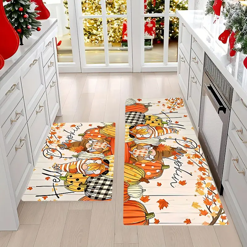 VIKAMA 1/2Pcs 2026 New Thanksgiving Gnome Pumpkin Floor Mat Fall Maple Leaf Anti-Slip Kitchen Rug Entrance Doormat Home Decor