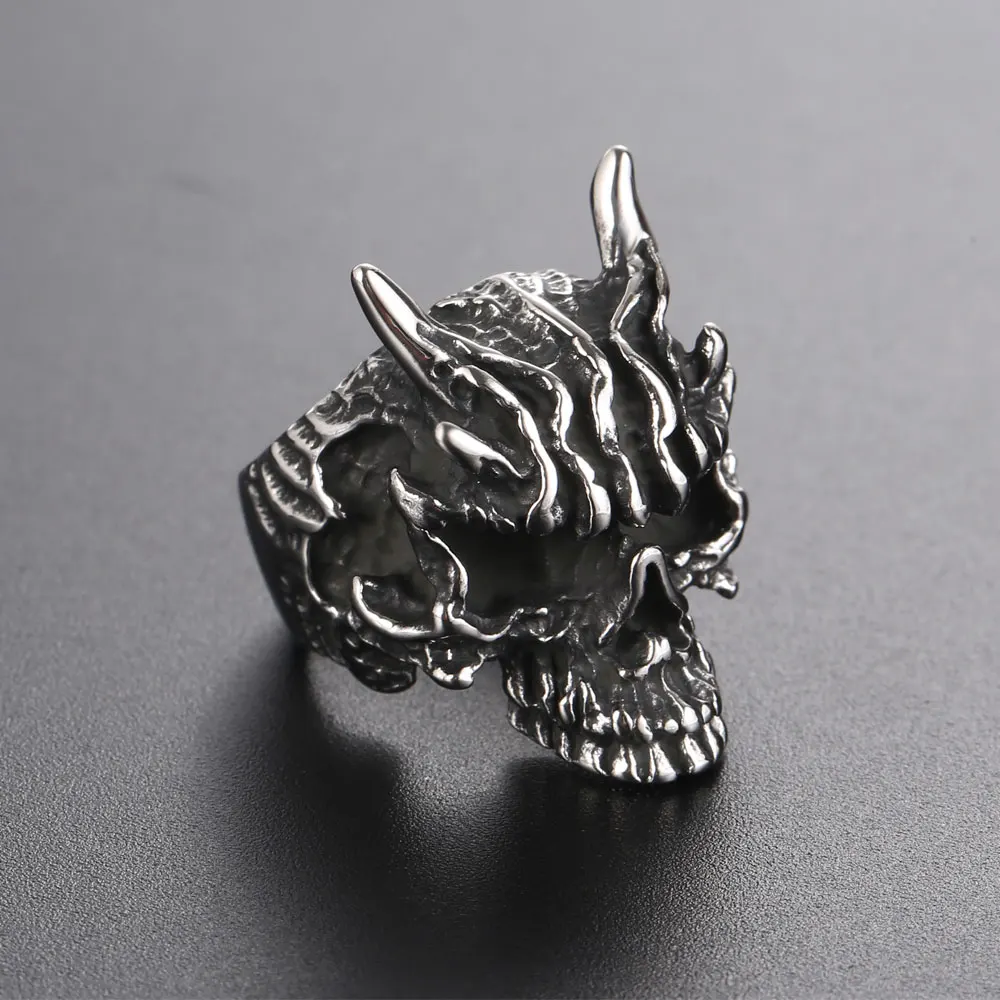 1Pcs European and American Retro Style Exaggerated Ghost Head Ring, Alternative Trendy Men's Stainless Steel Ring