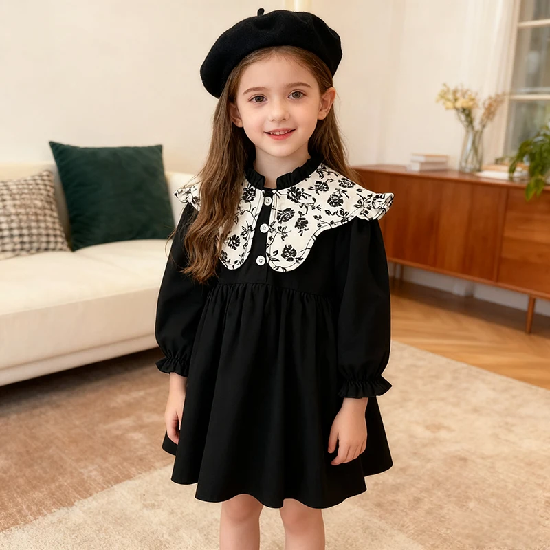 

2026 New Spring 2-6Yrs Girl Party Dress Long Sleeved Retro Kids Princess Cotton Dress European American Style Children Clothes