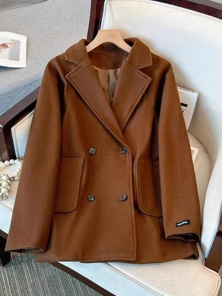 Coffee Suit Collar Wool Long Sleeves Coat Women's 2025 Autumn Winter Loose Elegant High-end Vintage Woolen Blazer Women Clothing