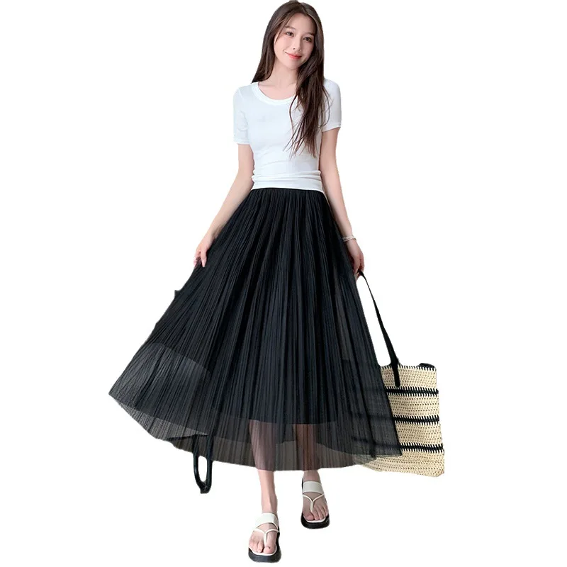 2026 New Women High Waist Mesh Pleated Midi Skirt Double Layer Sheer Tulle Flowy A Line Streetwear Summer Elegant Ladies Skirts