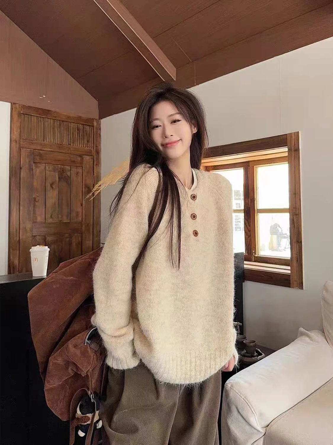 لينة مريحة زر حتى المرأة سترة فضفاضة كسول تنوعا تريكو الخريف الشتاء أعلى تخفيف Sle Thi سترة دافئة منفوش #1
