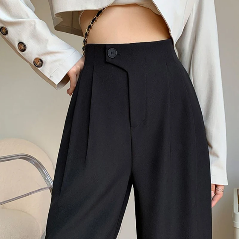 

Women Elegant Suit Pants Spring Autumn High Waisted Elastic Wide Leg Trouses Solid Casual Korean Office Ladies Straight Pants