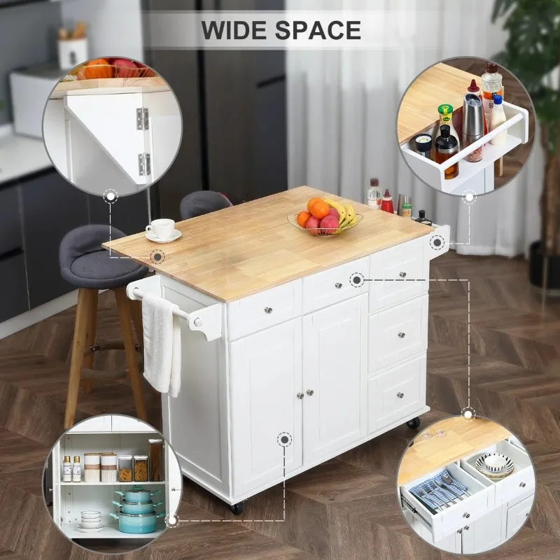 عربة جزيرة المطبخ المتنقلة من EROMMY مع سطح خشبي وأرفف قابلة للتعديل وأدراج تخزين وعجلات قفل، باللون الأبيض
