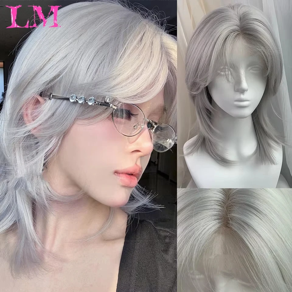 

LM Synthetic Wigs Short Mullet Head Wigs with Bangs Synthetic Straight Men Black Gray Green Hair Cosplay Wig for Daily Party