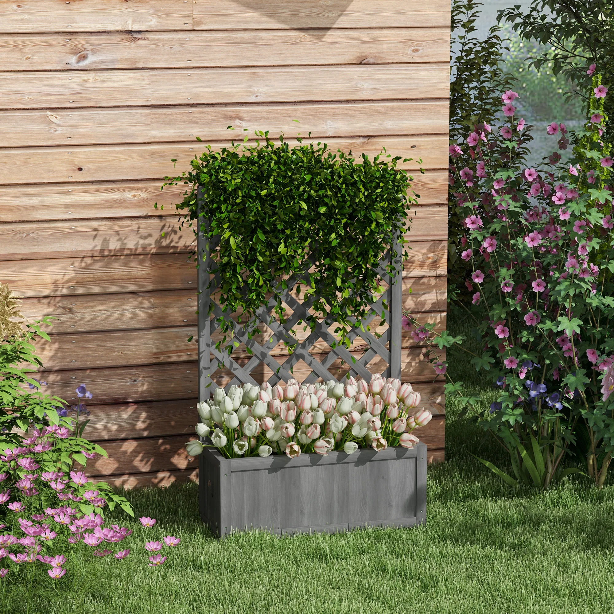 28"x11"x46" Raised Garden Bed Wood Planter Box w/ Trellis Vine Climbing, Gray