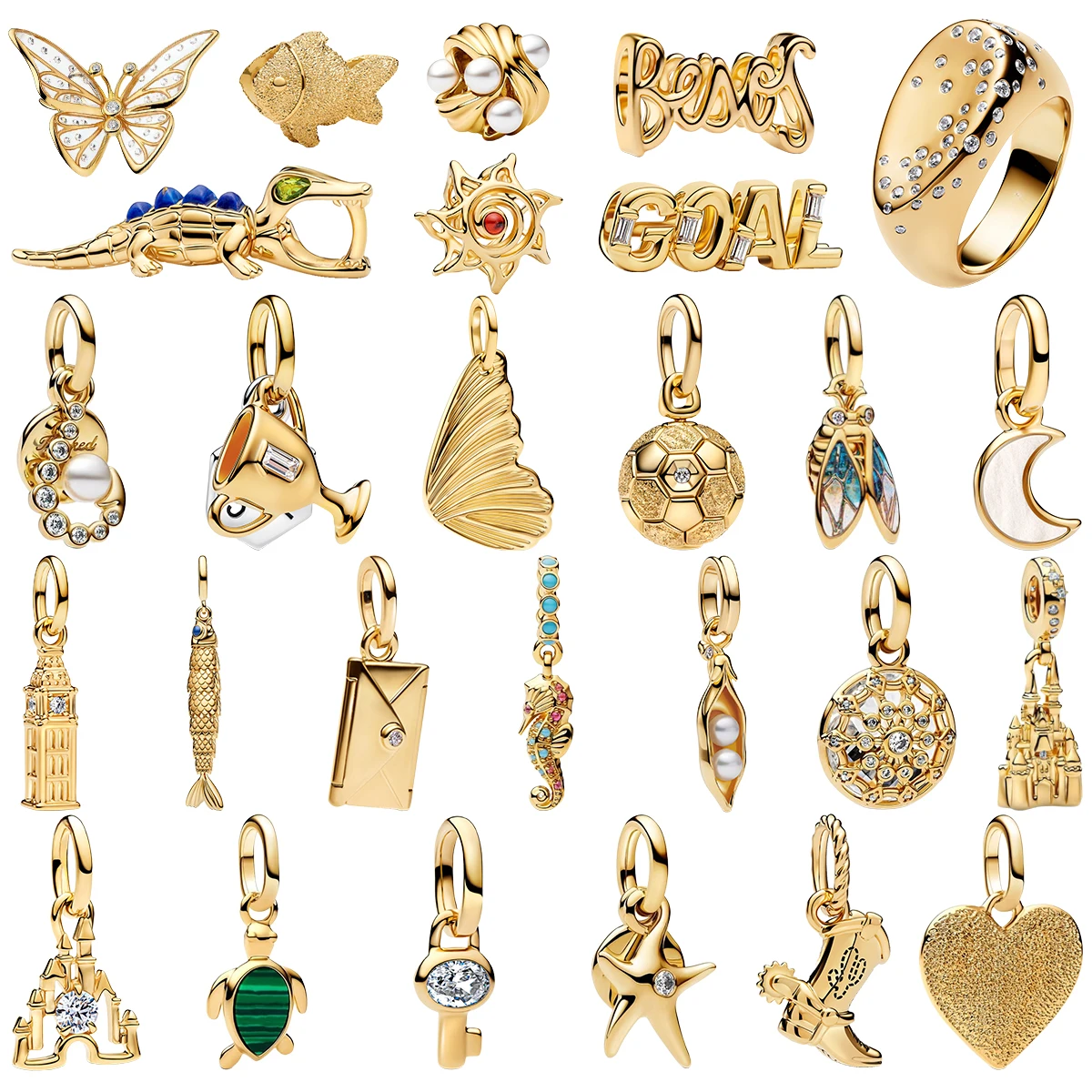 Pendentifs Bijoux DIY en Argent S925 et Or : Papillon, Perle, Crocodile, Soleil, Ailes, Lune, Gousse de pois, Château, Tortue, Clé, Étoile de mer pour Bracelet