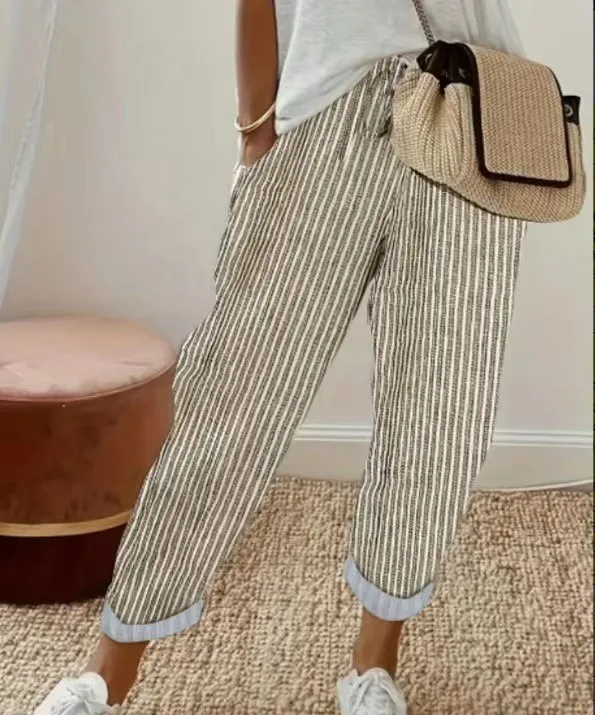European and American Cross border Women's Summer New Fashionable Loose Stripe Printed Elastic Waist Drawstring Casual Pants