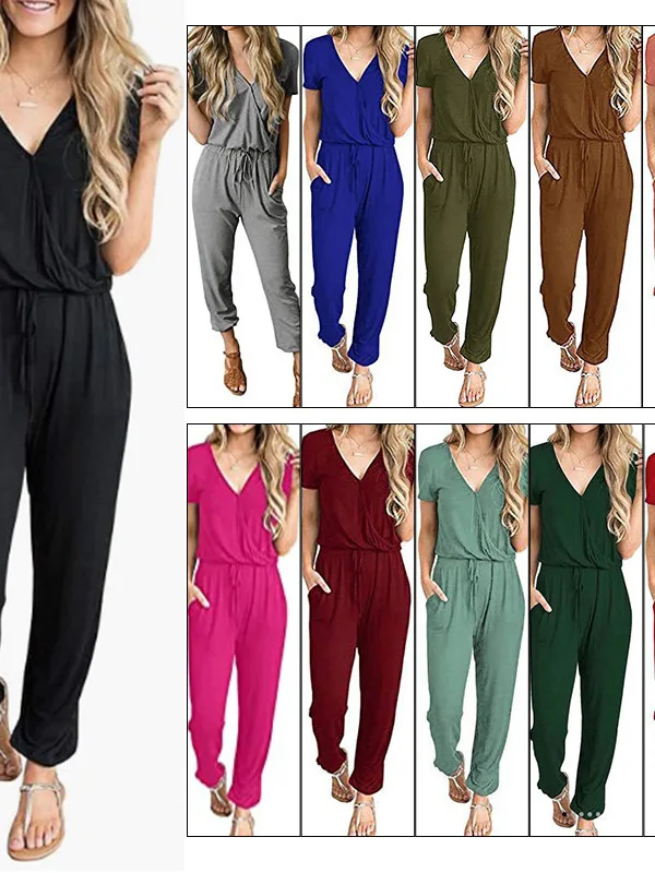 

Женский цветной комбинезон с глубоким V-образным вырезом ort Sve Street Sle, тонкие летние длинные брюки с прямыми штанинами, полиэфирное волокно