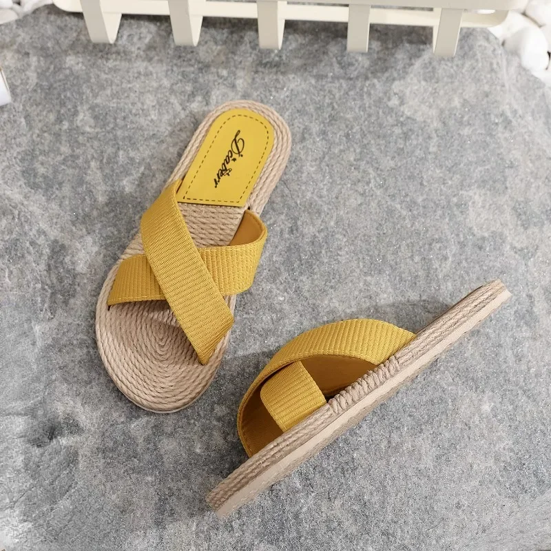 Ladies New Slippers Summer Cross Drag Fashion Hemp Rope Outer Wear Slippers Casual Sandals and Slippers