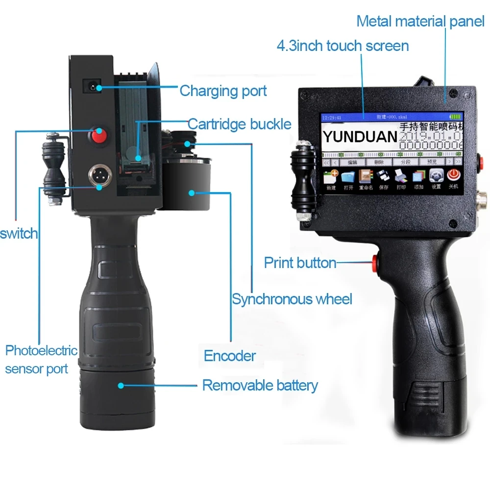 25.4mm 1 inch Print height Handheld Inkjet Printer 4.3inch Touch Screen  Laser Coder Label USB QR Bar Code Logo Russian Italian
