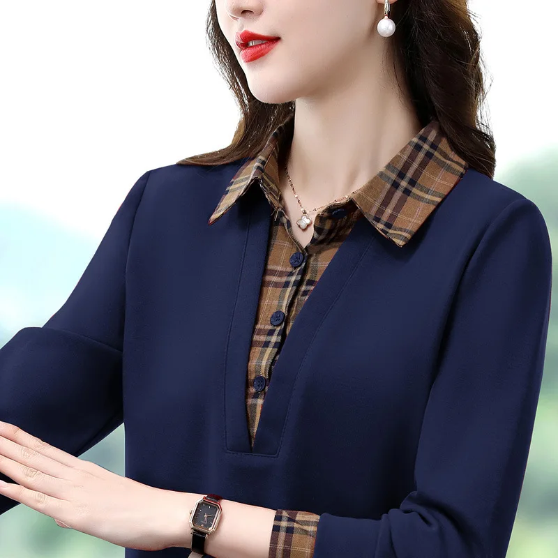 الخريف أزياء الربط منقوشة طويلة الأكمام المرأة أعلى بسيط وهمية اثنين النمط الأجنبي قميص بولو مصمم تي شيرت المرأة الفاخرة #2