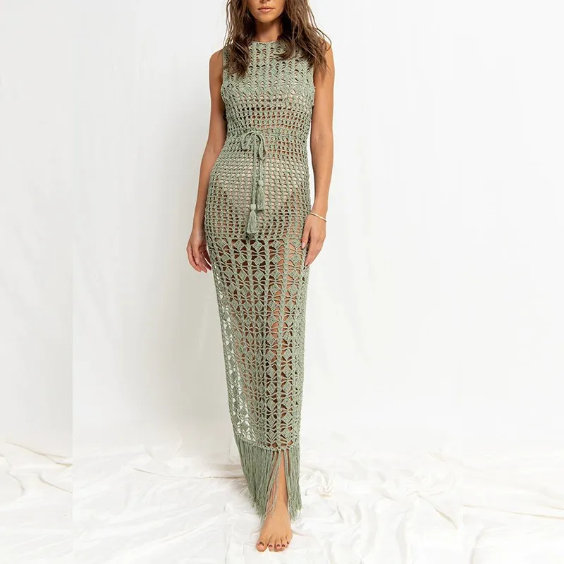 

Boho Clothing Women Tunic Crochet Beach Sleeveless High Slit Swim Olive Green Sheer Mesh